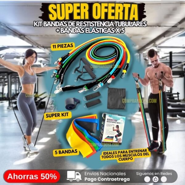 Super Kit Bandas De Resistencia 11 Piezas + Bandas Elasticas X5